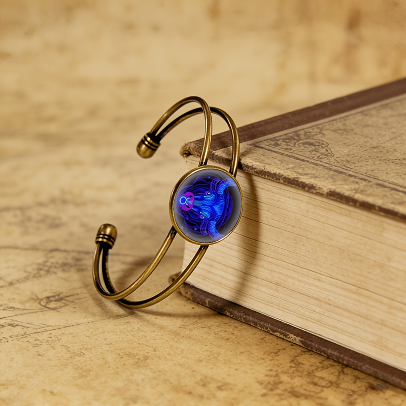 Ancient Cyan Double Layer Adjustable Open Bangle, Blue Bull Head
